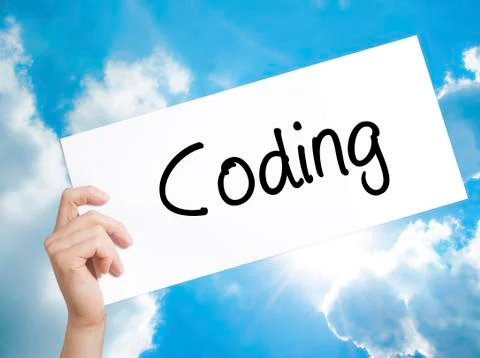 Coding Sign on white paper. Man Hand Holding Paper with text. Isolated on s.. Stock-Fotos