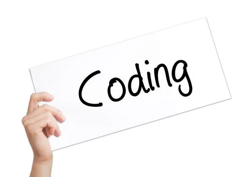 Coding Sign on white paper. Man Hand Holding Paper with text. Isolated on whi Stock-Fotos