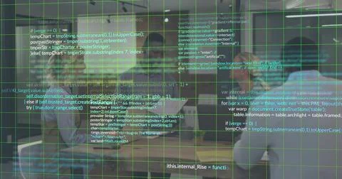 Coding small team meeting in lounge, wearing patterned dress and casual shirts, Stock Photos