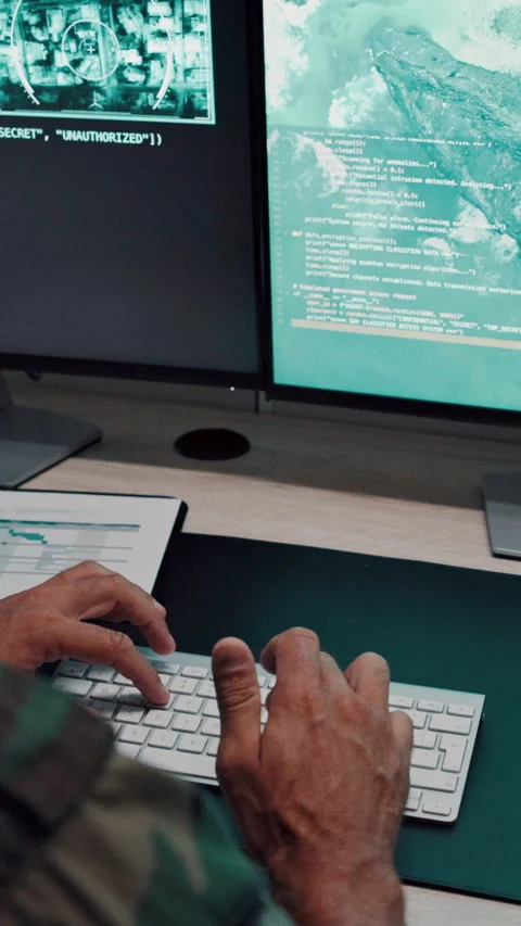 Coding, soldier or hands with computer screen in control room, military mission Stock Footage 335289175