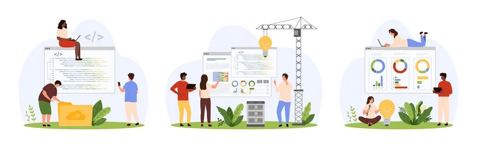 Coding solution set, mobile applications and software code development by tiny Stock Illustration