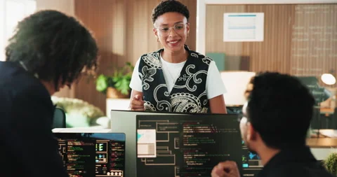Coding, speaking or people with computer screen in office,   framework script or Vídeo Stock 330046272