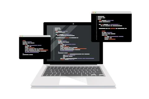 Coding symbols and programming windows on laptop screen. Stock Illustration