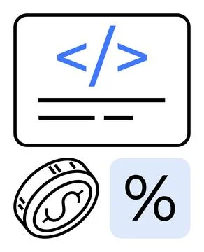 Coding symbols inside a window, coin with dollar sign, and percentage symbol  스톡 일러스트