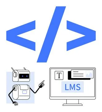 Coding symbols a robot assistant pointing, an LMS on a computer monitor. Idea Stock Illustration