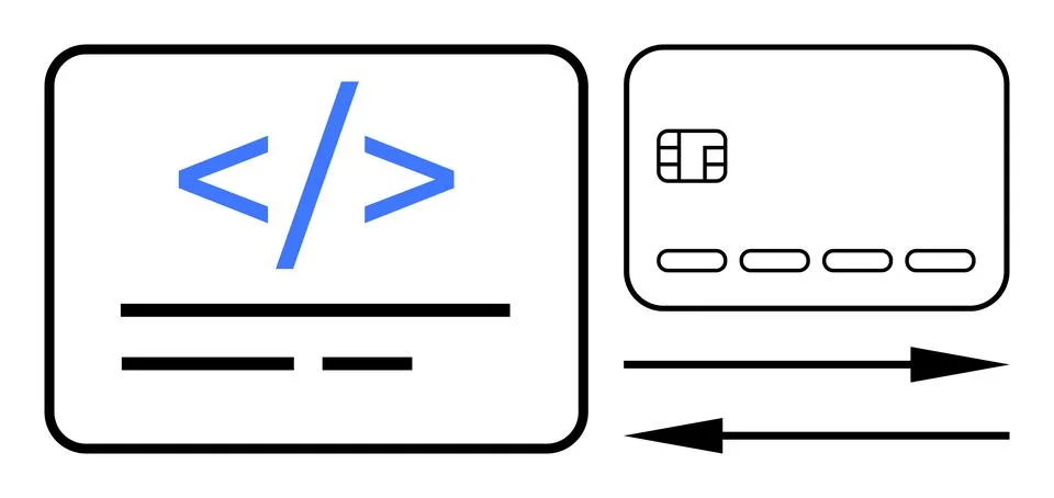 Coding tag next to a credit card with directional arrows in between indicatin Stockillustratie