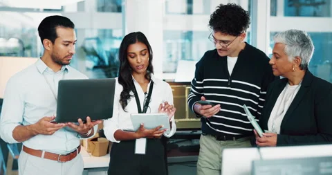 Coding, team and business people with tablet for planning in office, help or web Stock Footage 308998166