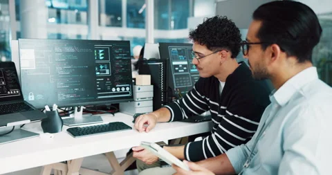 Coding team, computer screen and men fist bump for success, complete project or Video stock 309004950