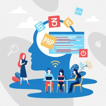 Coding teamwork concept, create code of programming language Stock Illustration
