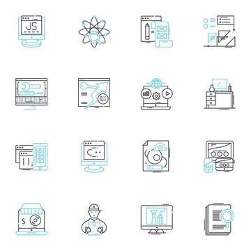 Coding Techniques linear icons set. Algorithms, Syntax, Debugging, Optimization Illustrazione stock