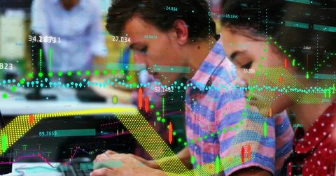 Coding teenage students using laptops at classroom desks, with semi transpare Stock Photos