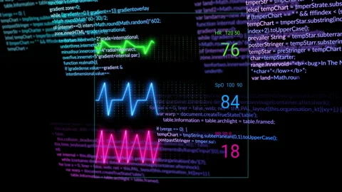 Coding text overlaying colorful data graphs on dark digital background animation Stock Footage 304852697