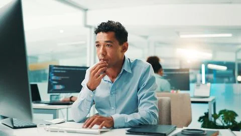 Coding, thinking and man on computer in office for problem solving, web Stock Photos