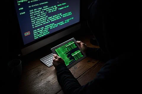 Coding through the night. High angle shot of an unidentifiable hacker using a 스톡 사진