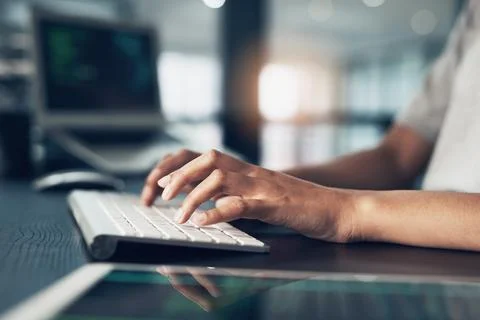 Coding, typing and hands of person on computer for programming, website and Foto stock