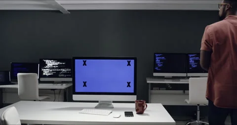 Coding, virtual computer screen and man programming, server, online code or Video stock 260997401