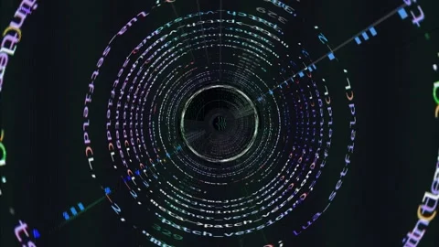 Coding vortex in a black hole, hacking code in a 3d wormhole animation, black Stock Footage 307417536