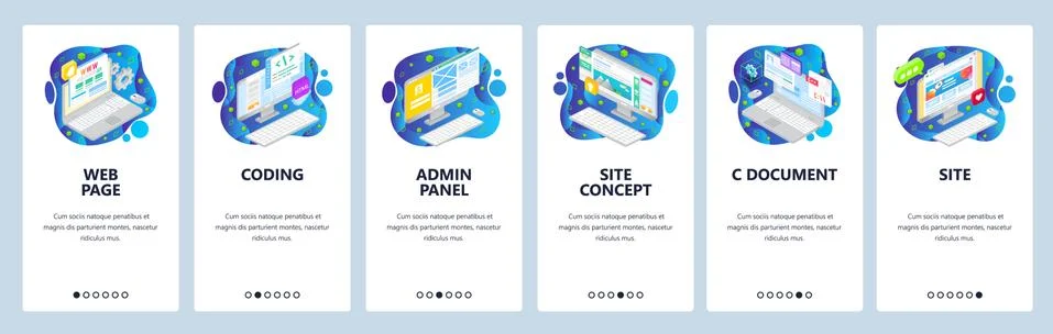 Coding, web development, admin panel, isometric icons. Mobile app onboarding Stock-Illustration