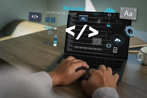 Coding web man hands coding html and developer software programming on scre.. Stock Photos