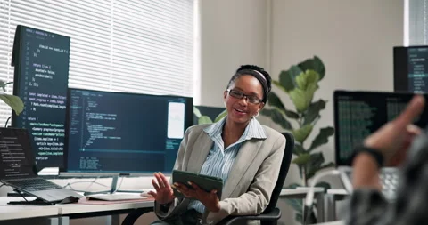 Coding, woman and tablet in office for advice, technical guidance or system Stock Footage 346766765