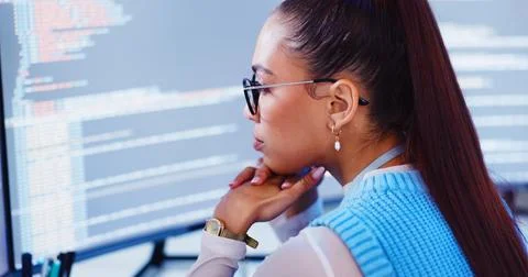 Coding, woman and thinking with computer for software development, reading 写真素材