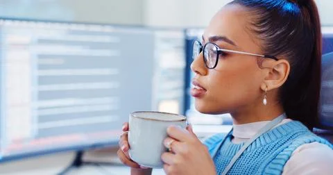 Coding, woman or coffee with computer for software development, reading 스톡 사진