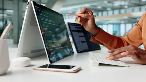 Coding Woman Working On Multiple Monitors Stock Footage 320776041