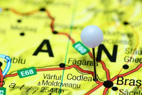 Codlea pinned on a map of Romania Stock Photos