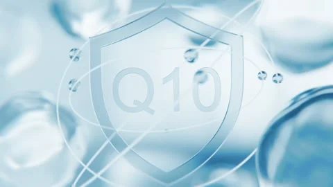 Coenzyme Q10 blue shield symbol in 3D animation. Ubiquinone molecular structure Stock Footage 338166437