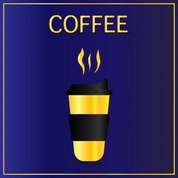 Cofee cup icon flat. Simple gold pictogram on dark blue background. Vector Stock Illustration
