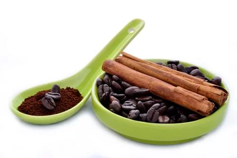 Coffe beans and cinnamon Stock Photos