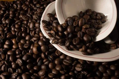 Coffe beans and cup. Stockfoto's