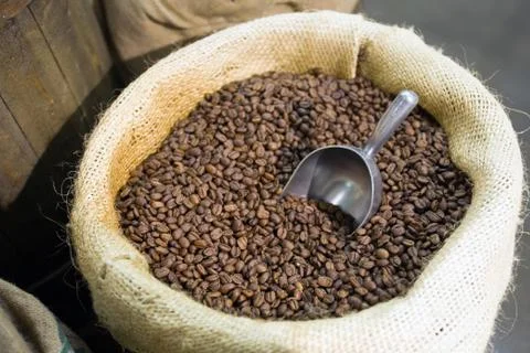 Coffe beans roasted in a bagful 스톡 사진