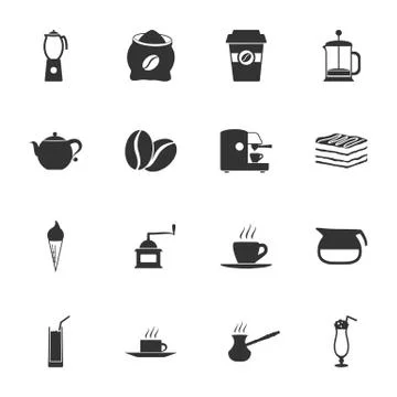 Coffe black and white flat icons set Stock Illustration