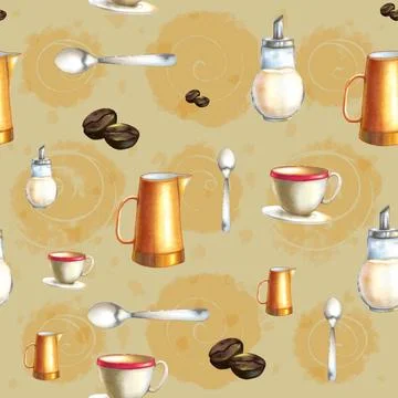 Coffe pattern Coffee themed pattern with cup, jug, spoon and sugar dispens... Stock Photos