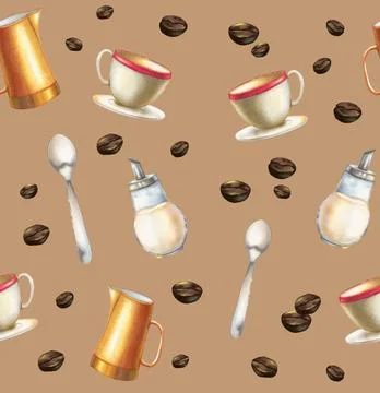 Coffe pattern Coffee themed pattern with cup, jug, spoon and sugar dispens... Stock Photos
