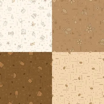 Coffe pattern set with beans, mugs, cakes,donuts and other coffee attributes. Stock Illustration