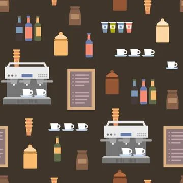 Coffe Shop Flat Elements. Seamless Cartoon Pattern Stock Illustration