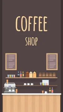 Coffe Shop Flat Vector Interior. Modern Cafeteria. Stock Illustration