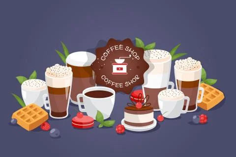 Coffe shop large assortment different drinks, vector illustration. Cafe logo Stock Illustration