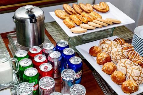 Coffe station drinks and bread Stock Photos