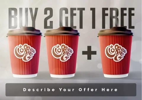 Coffee 2 plus 1 Banner Concept Grey Background. Vector EPS10 Stock Illustration