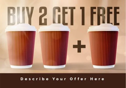 Coffee 2 plus 1 Banner Concept Cappuccino Background. Vector EPS10 Stock Illustration