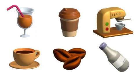 Coffee 3d icon set with coffee beans, coffee in disposable cup and machine 3d Stock Illustration