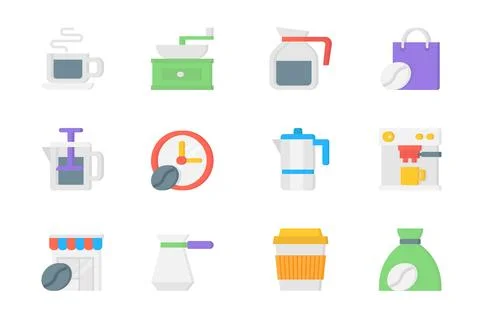 Coffee 3d icons set. Pack flat pictograms of hot beverage in cup, grinder, .. Illustrazione stock