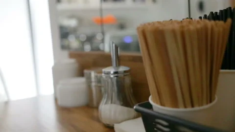 Coffee accessories are on the table. Side view, indoor, real time, natural light Stock Footage 93514631