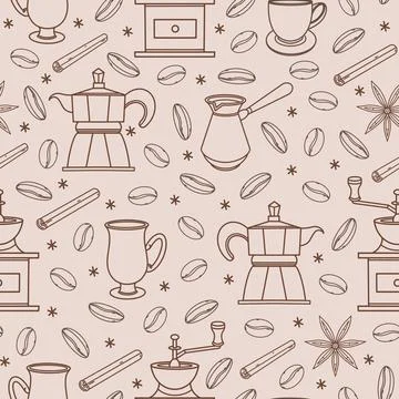 Coffee accessories seamless vector pattern. Hand-drawn illustration Stock Illustration