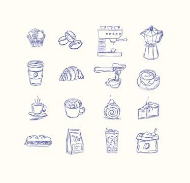Coffee and bakery hand drawn elements blue イラスト素材