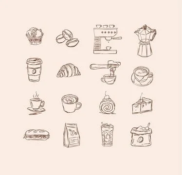 Coffee and bakery hand drawn elements brown Illustrazione stock
