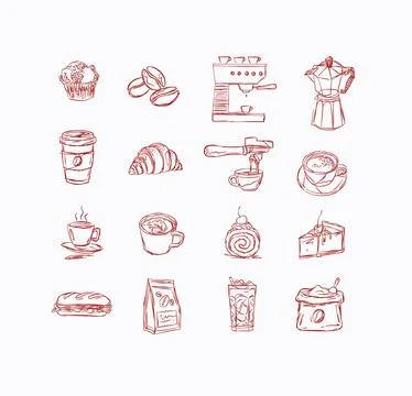 Coffee and bakery hand drawn elements red イラスト素材